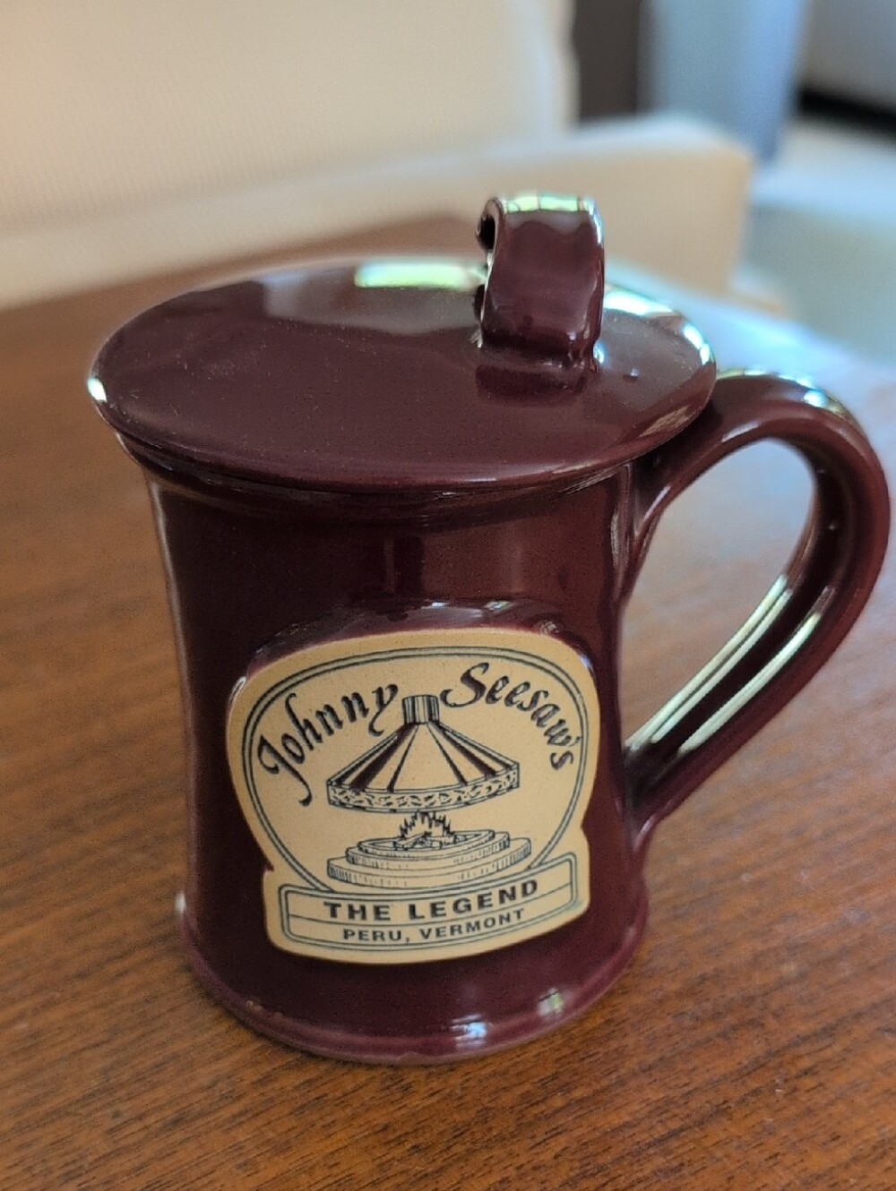 Johnny Seesaws The Legend Burgundy Lidded Mug